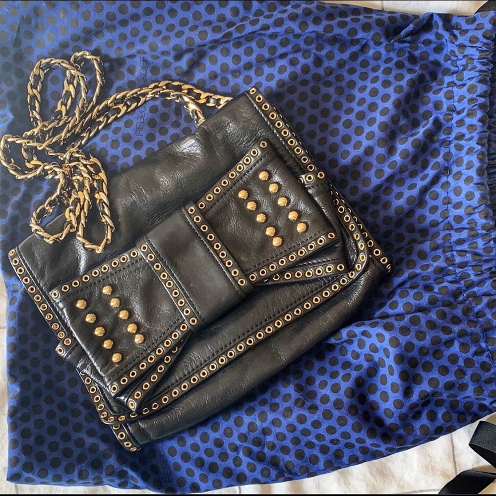 REBECCA MINKOFF Black & Gold Studded Bow Leather Crossbody